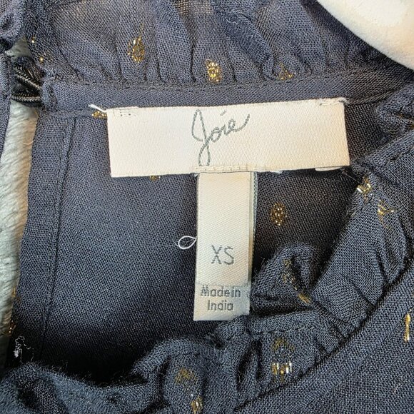 Joie Blouse Womens XS Black Gold Metallic Ruffle Peplum Long Sleeve Top - Picture 2 of 12